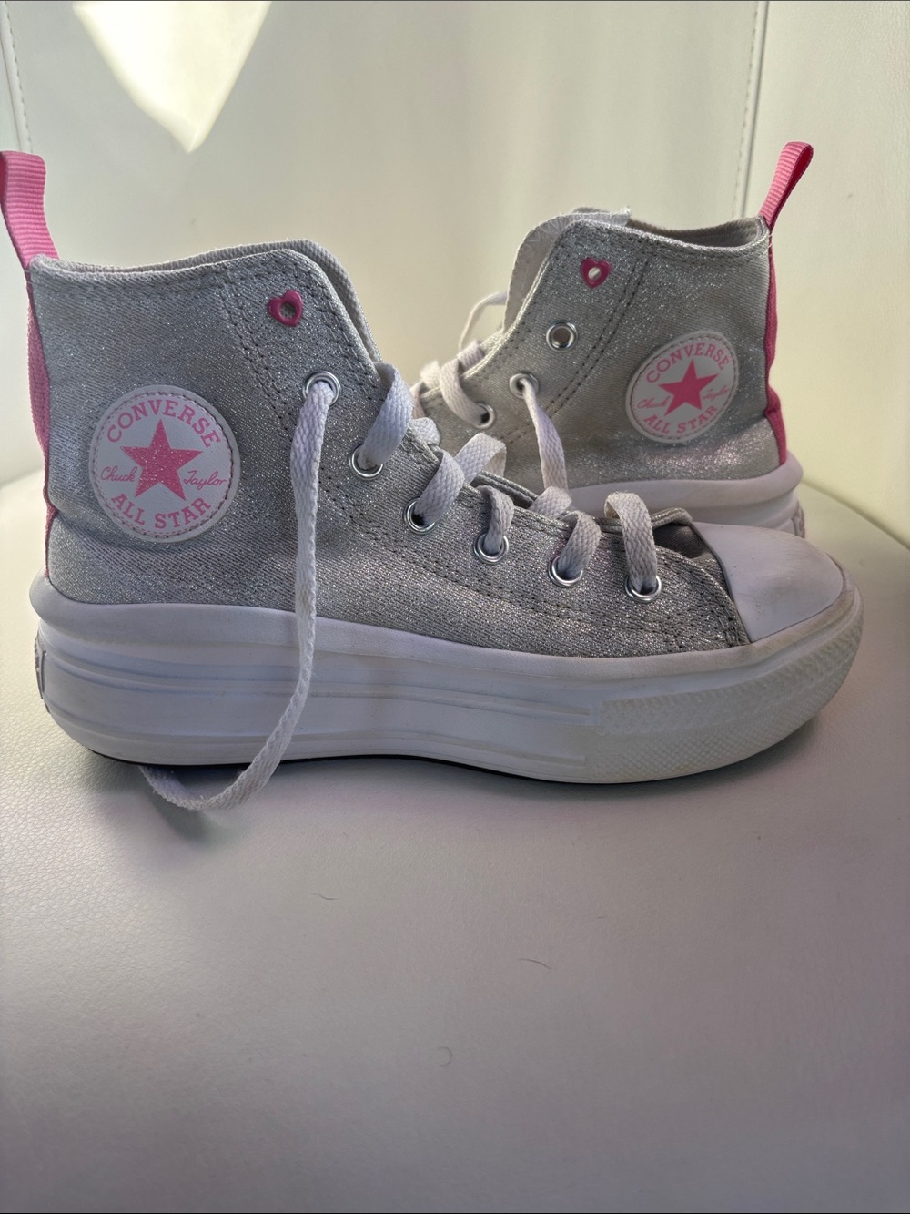 Converse Kids Silver Glitter High-Top Sneakers with Pink Accents